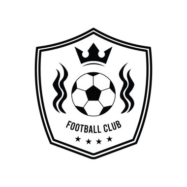 Bu tasarım, bir futbol kulübünün parlak siyah beyaz logosunu, klasik kalkan şeklinde, markalaştırma uygulamaları için ideal bir futbol ve tacı sergiliyor..