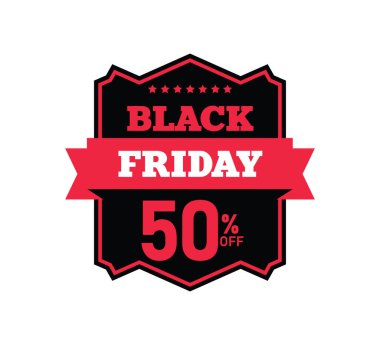 % 50 indirimli, kırmızı ve siyah renklerle tasarlanmış heyecan verici Kara Cuma satış rozeti. Tatil satışları sırasında müşteri çekmek için pazarlama kampanyaları ve promosyonlar için ideal.