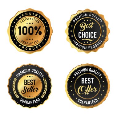Prim kalitesini ve tatmin garantisini ön plana çıkarmak için tasarlanmış dört farklı rozet. Her rozet, mükemmelliği ifade eden, pazarlama amaçları için ideal ifadeler içeriyor..