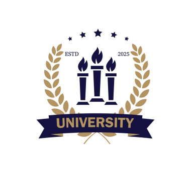 Bu logo, başarıyı sembolize eden defne çelengi ile çevrili üç alevi temsil eden modern bir tasarım sergiliyor. Yeni bir eğitim kurumunun amblemi..