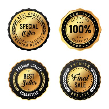 Dört farklı rozet kaliteli mühür sergiliyor. Her rozet, özel teklifler ve garantiler gibi eşsiz satış noktalarını vurguluyor, pazarlama kullanımı için mükemmel.