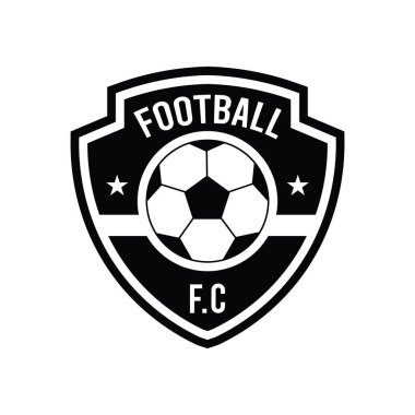 Klasik bir kalkan logosu tasarımı, ortasında futbolu gösteren kalın metinlerle çevrili bir futbol topunu içerir. Markalaşmaya ve ticarete elverişli.