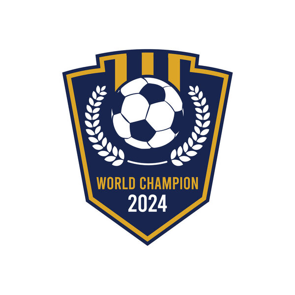 This logo design showcases a dynamic shield featuring a prominent soccer ball, flanked by laurel wreaths. It emphasizes the title World Champion for the year 2024, conveying excellence in sports.