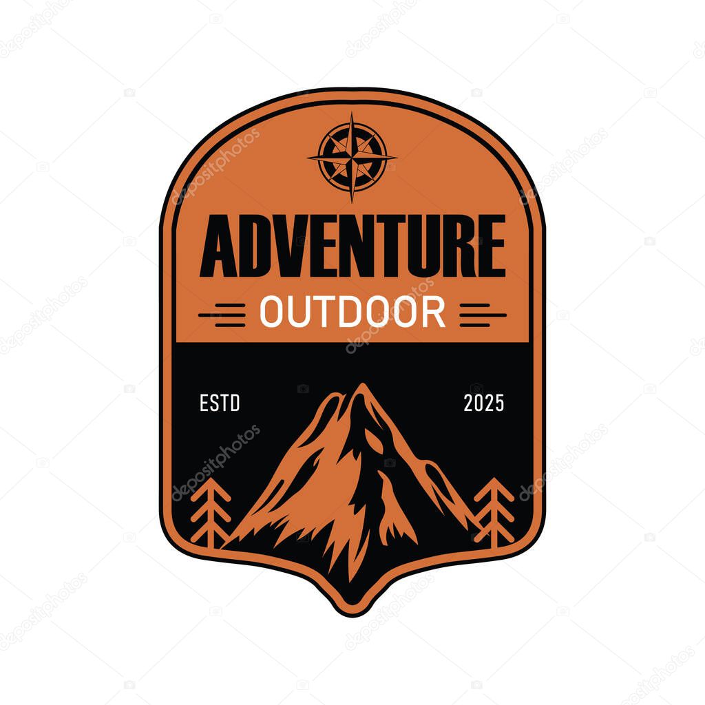 Stylish logo showcases a mountain silhouette and compass, perfect for outdoor brands. The vintage design uses warm colors and emphasizes adventure, nature, and exploration.