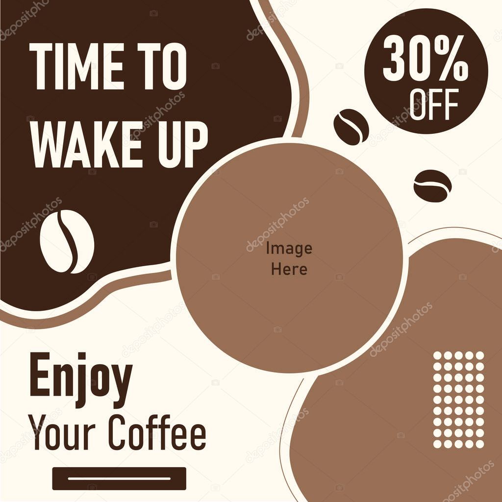 A stylish design encourages coffee lovers to wake up and enjoy their brew with a 30% discount offered. The minimal layout uses earthy tones and organic shapes for an inviting look.