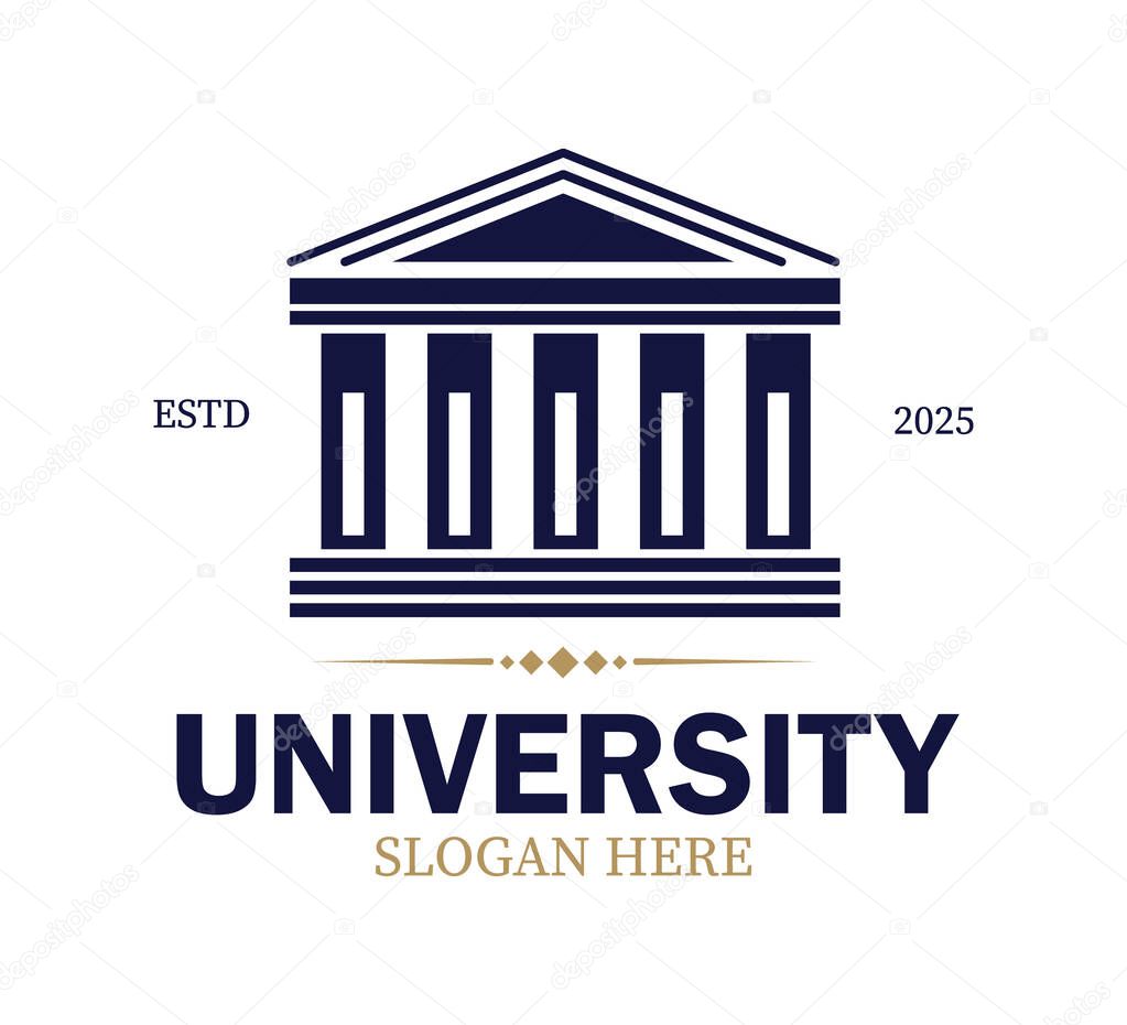 A sophisticated logo featuring a classic column structure that represents a university established in 2025. It includes a designated area for a customizable slogan, making it ideal for branding.