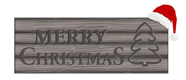 Die Inschrift Auf Der Holztafel Frohe Weihnachten Weihnachtsmann Hut — Stockvektor