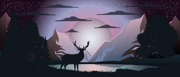 Illustration Vectorielle Colorée Paysage Montagne Près Eau Ciel Étoilé Lune — Image vectorielle