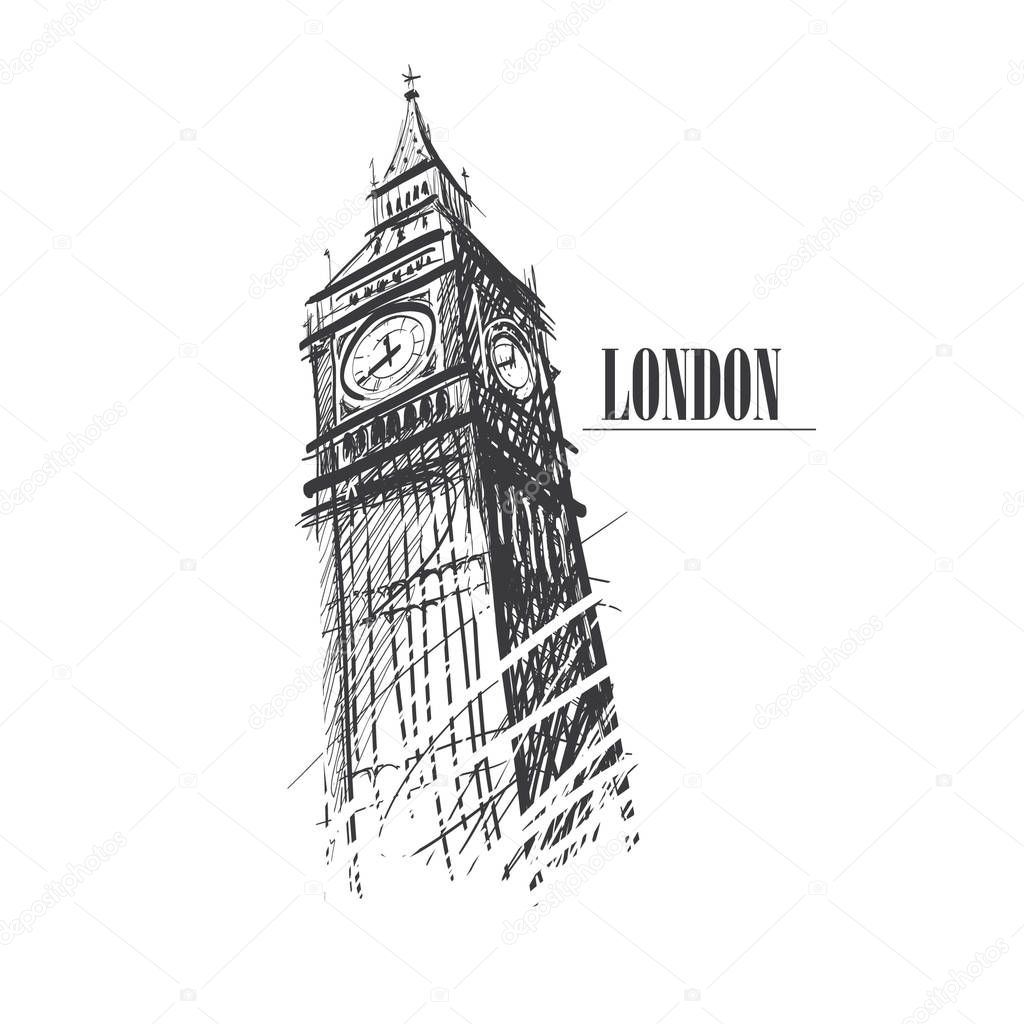 Freehand sketch of Big Ben in London. See also other showplace in my account