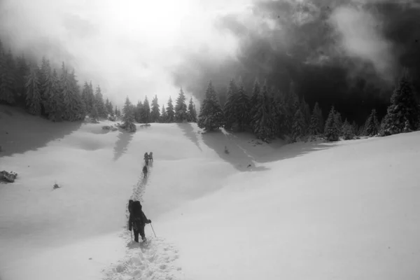 Alpinistas Nas Montanhas Rollover Paisagem Inverno Preto Branco Com Silhuetas — Fotografia de Stock