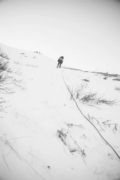 Alpinista Nas Montanhas Amante Paisagem Inverno Preto Branco Com Silhueta — Fotografia de Stock