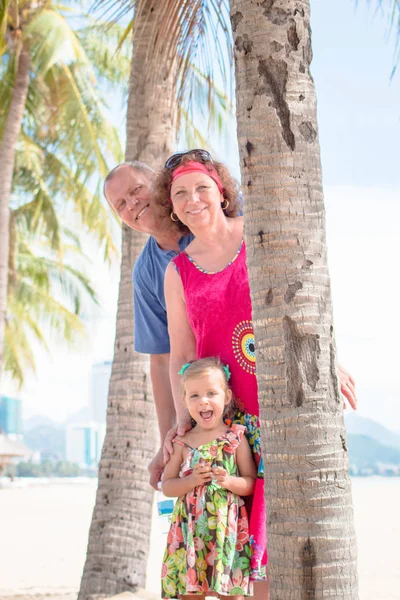 Familj, generation - glada leende farmor, farfar och lite stå nära palm på stranden Stockbild