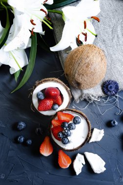 krem, pudra şekeri ve Hindistan cevizi meyveleri ile hassas tatlı