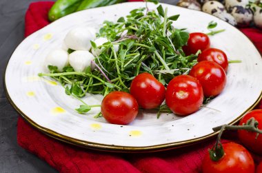 Tavuk göğsü, roka ve domatesli taze salata.