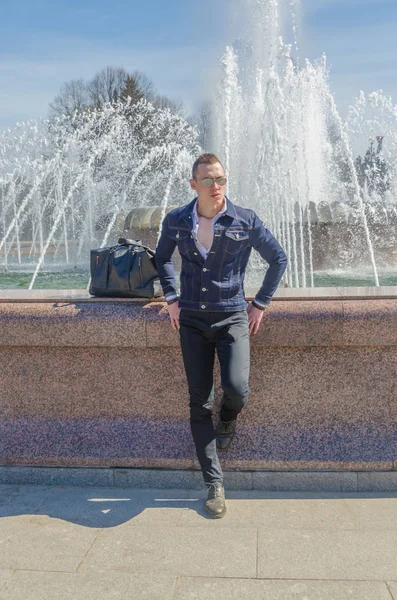 Brutal Man Fountain Denim Jacket — Stock Photo, Image