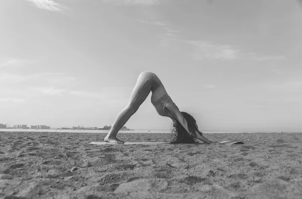 女孩做瑜伽 在公园做体式 在海滩附近的水 — 图库照片