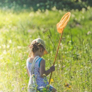 Kız, bir net bir çocukla bir kelebek bir güneşli yaz gününde yakalar