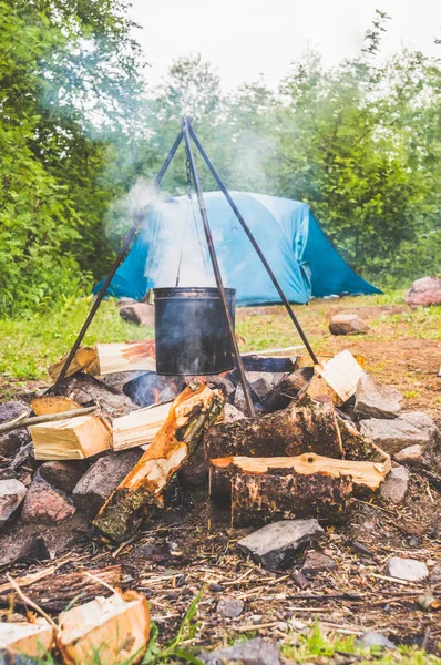camping, tent and fire in the forest