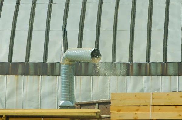 Sawdust Flying Out Vent Tube Container Collecting Garbage Factory Mill — Stock Photo, Image