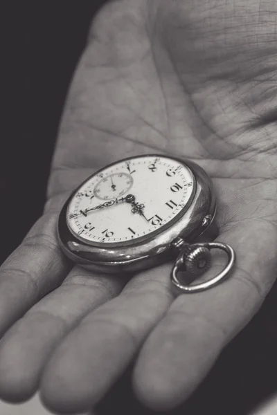 the pocket watch in a man\'s hand, close-up, older person