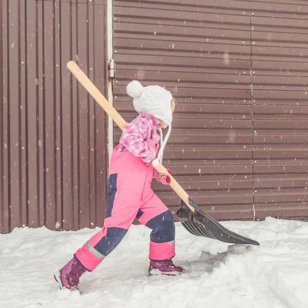 Flickan Baby Stor Spade Tar Bort Snö Från Sökvägen Bakgården — Stockfoto