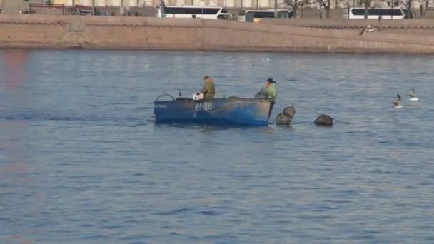 Rusia, San Petersburgo, 6 de mayo de 2019 - video editorial, las redes de cazadores furtivos del río Neva pescando temprano en la mañana — Vídeo de stock