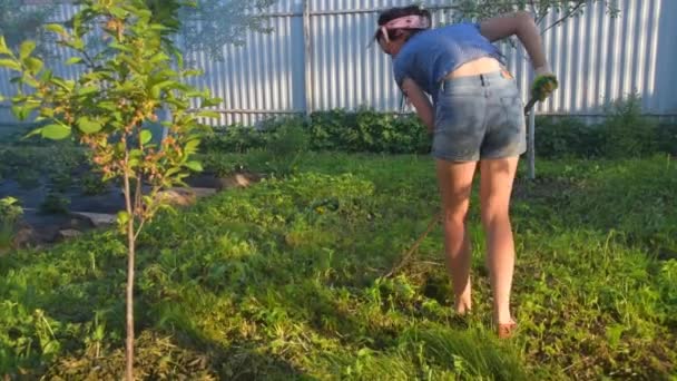 Meisje de tuinman verwijdert het gras hark — Stockvideo