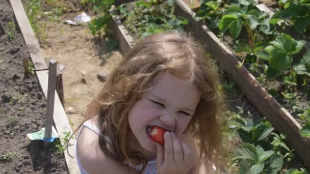 Barnet flickan bredvid sängen äta jordgubbar — Stockvideo