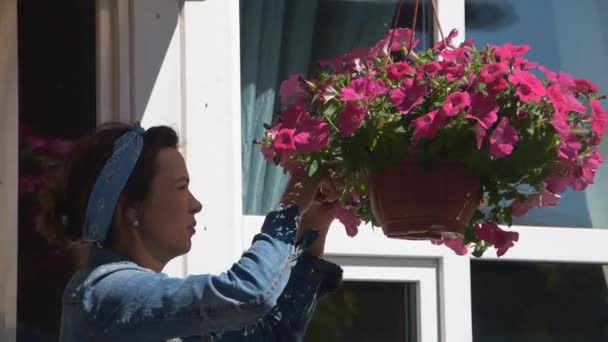 The girl gardener pruning flowers at the entrance of the house — Stock Video