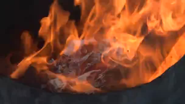 In einer Metalltonne verbrennen sie Papier und Holzmüll, verbrennen Kohle und fliegen Asche — Stockvideo