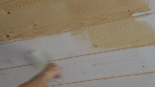 La mano del trabajador en el primer plano pinta la pared de madera con el pincel de rodillo con la pintura blanca — Vídeos de Stock