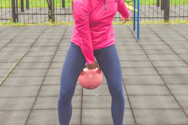 Young Beautiful Girl Doing Sports Exercises Kettlebell Fitness — Stock Photo, Image