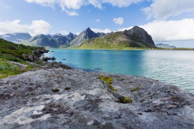 Güzel, çayır, dağlar ve fiyortları İskandinavya yatay. Lofoten Adaları, Norveç.
