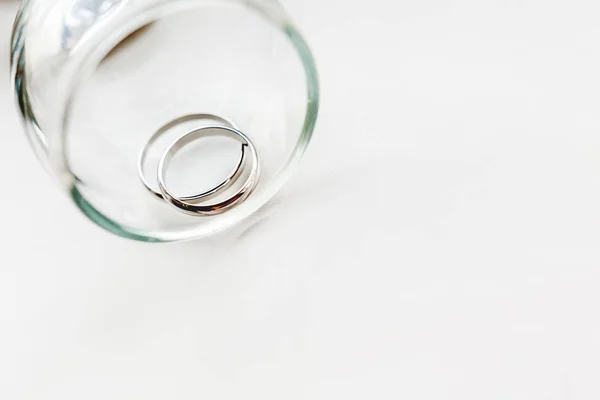 Wedding Golden Rings Transparent Glass Symbol Love Marriage Creative Picture — Stock Photo, Image