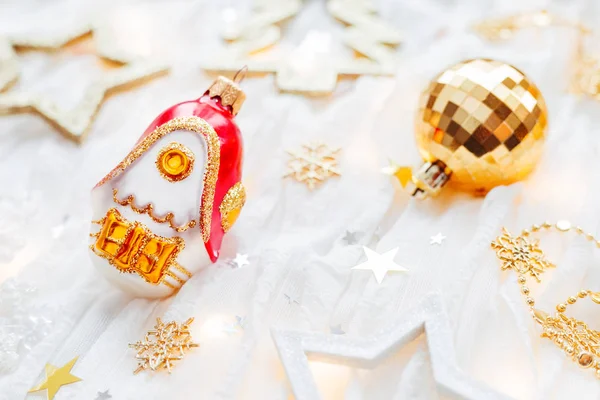 Christmas New Year Holiday Background Decorations Light Bulbs Golden Shining — Stock Photo, Image