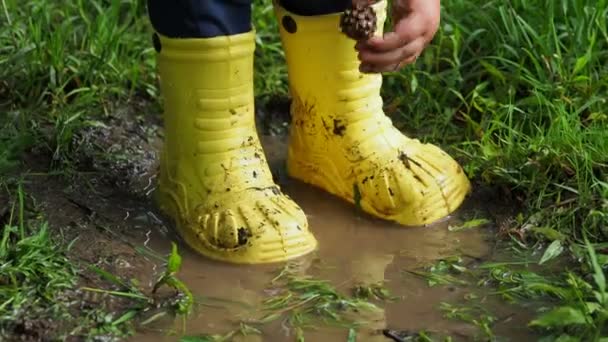 Niño pequeño con botas de goma de color amarillo brillante salpicando en un charco. Niños pies protegidos del agua sucia . — Vídeos de Stock