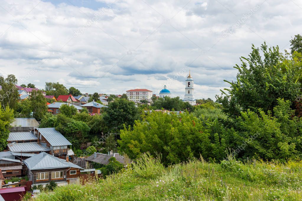 Panorama view on Serpukhov town from Red mount. Domes of St.Nicholas the White Cathedral. Moscow region, Russia.
