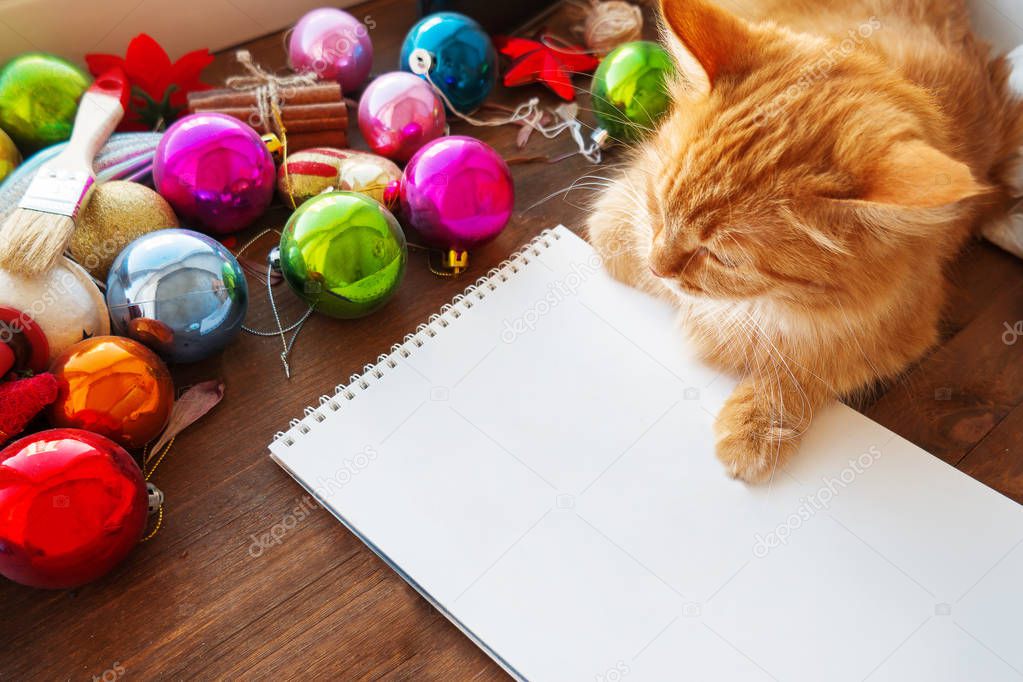 Cute ginger cat lying on clear paper page among Christmas and New Year decorations - bright colorful balls. Notepad paper for to-do-list or New Year promises.