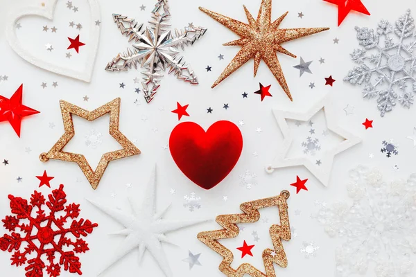 Різдво Новий Рік Свято Фону Прикраси Червоний Подарункові Box Серця — стокове фото