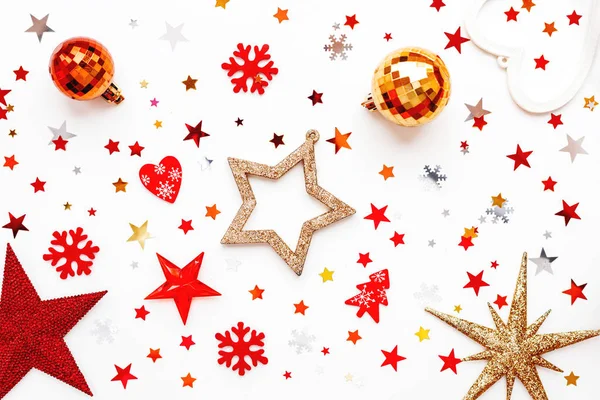 Різдво Новий Рік Свято Фону Прикрасами Блискучі Червоні Кулі Золотий — стокове фото