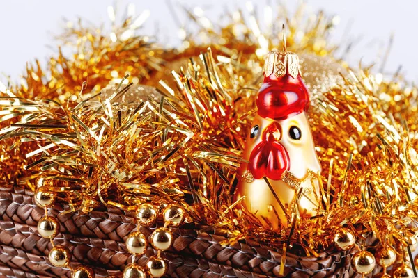 Golden Glass Rooster Box Tinsel Beads Christmas New Year Decorations — Stock Photo, Image