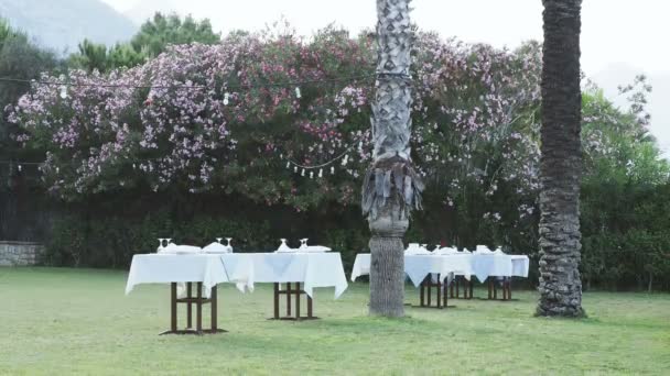 テーブルは、緑の芝生の上のディナーを提供しています。オープンエアの手のひらの下で地中海料理。海辺のディナー. — ストック動画