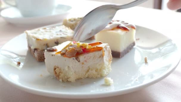 Wit bord vol van verschillende gebakjes. Lekkere desserts met topping, kokosnoot vlokken. Iemand een gebakje met een lepel te snijden. — Stockvideo