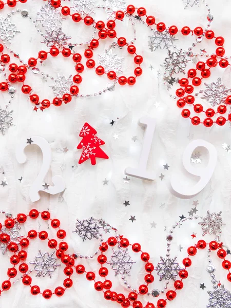 Natal Ano Novo Fundo Com Números 2019 Abeto Prata Vermelho — Fotografia de Stock