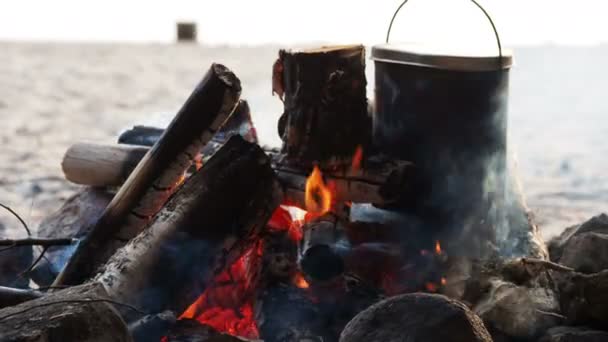 Cooking soup on a fire pot. Summer camping on beach. Kenozero national park, Russia. — Stock Video