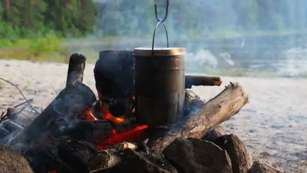 화재가 냄비에 요리 수프입니다. 여름 해변에서 캠핑입니다. Kenozero 국립 공원, 러시아. — 비디오