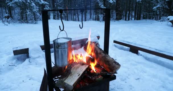 火鍋のスープを調理します。お茶のための水として融雪します。冬の森でのキャンプ. — ストック動画