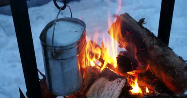 Cucinare zuppa su una pentola di fuoco. Sciogliere la neve come acqua per il tè. Campeggio invernale nella foresta . — Video Stock