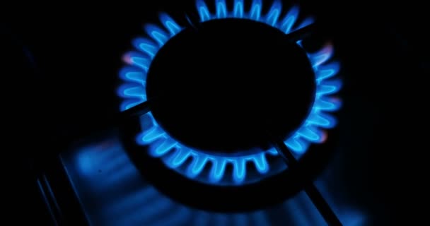 A gáz-gáz tűzhely a kék lángok. A kályha sötétben tűz. — Stock videók