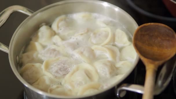 Albóndigas hirviendo. Agua caliente con el plato tradicional de la cocina rusa . — Vídeo de stock